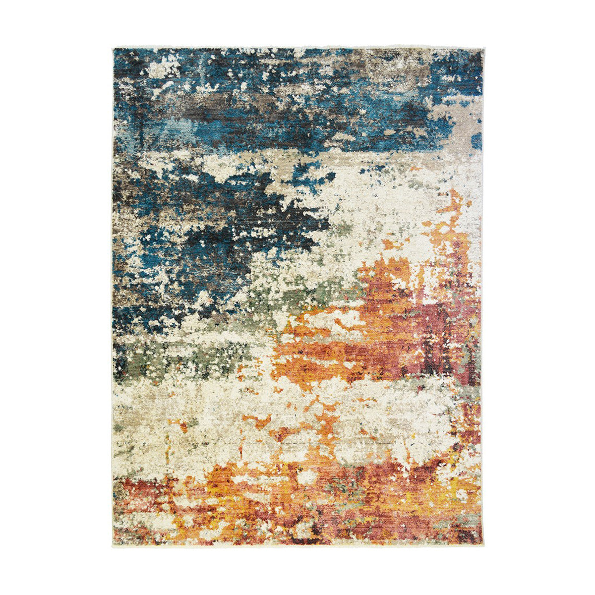 5' x 8' Beige Blue and Ivory Abstract Distressed Area Rug With Fringe