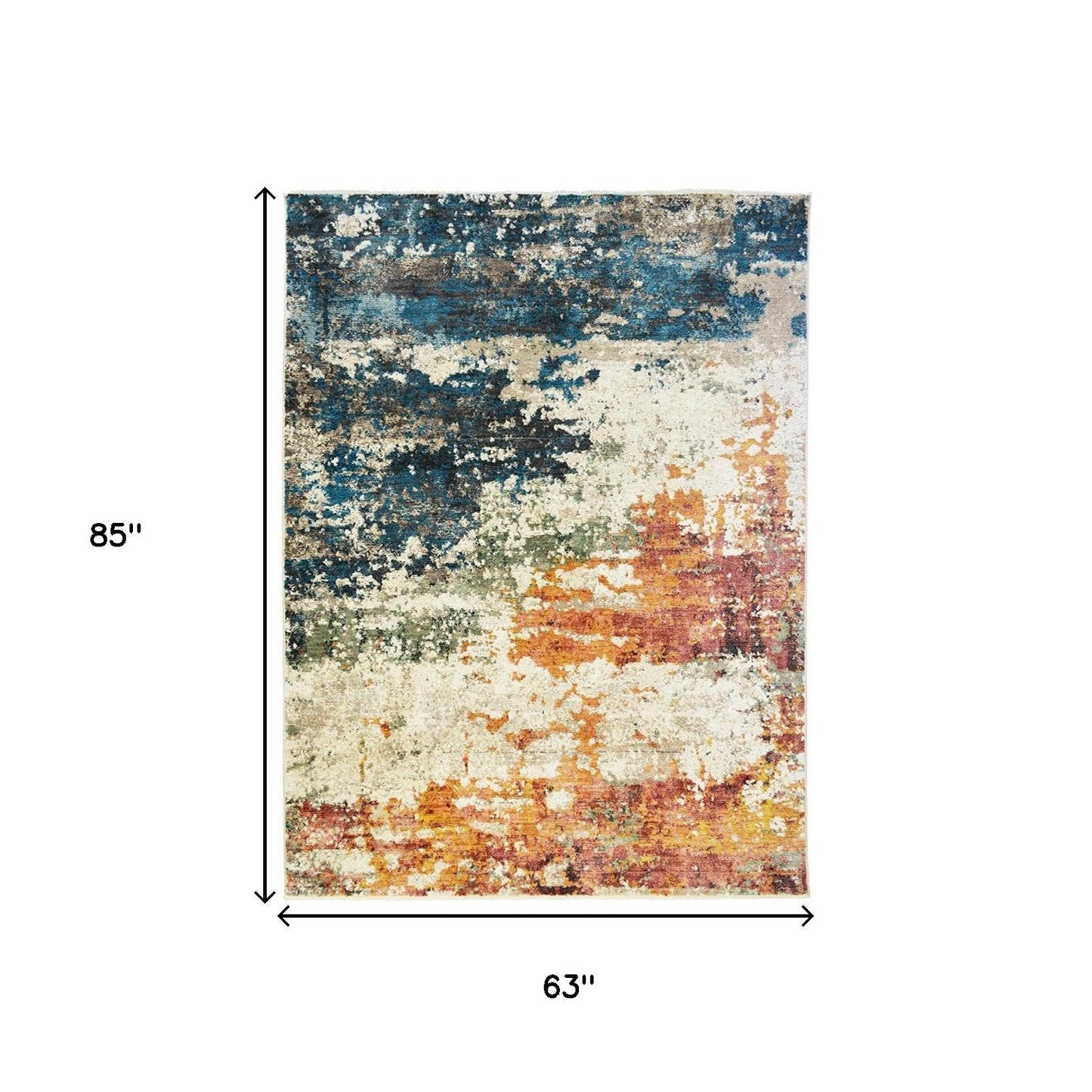5' x 8' Beige Blue and Ivory Abstract Distressed Area Rug With Fringe