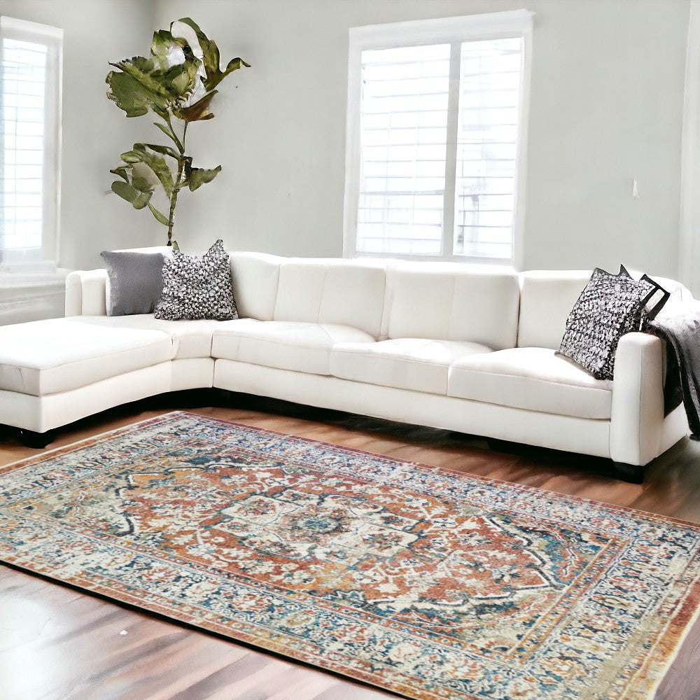8' x 10' Rust Oriental Distressed Area Rug With Fringe