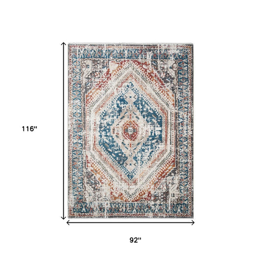 8' x 10' Teal Taupe and Rust Geometric Distressed Area Rug With Fringe
