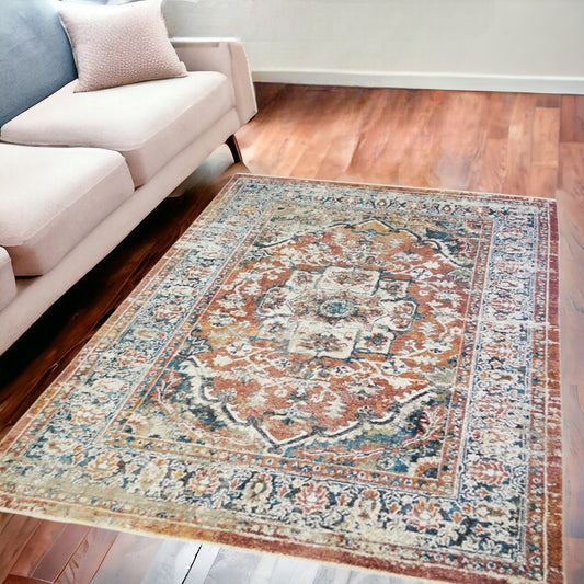 5' x 8' Rust Oriental Distressed Area Rug With Fringe