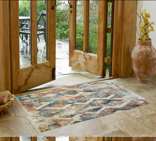 2' x 3' Beige Blue and Gray Geometric Distressed Area Rug With Fringe