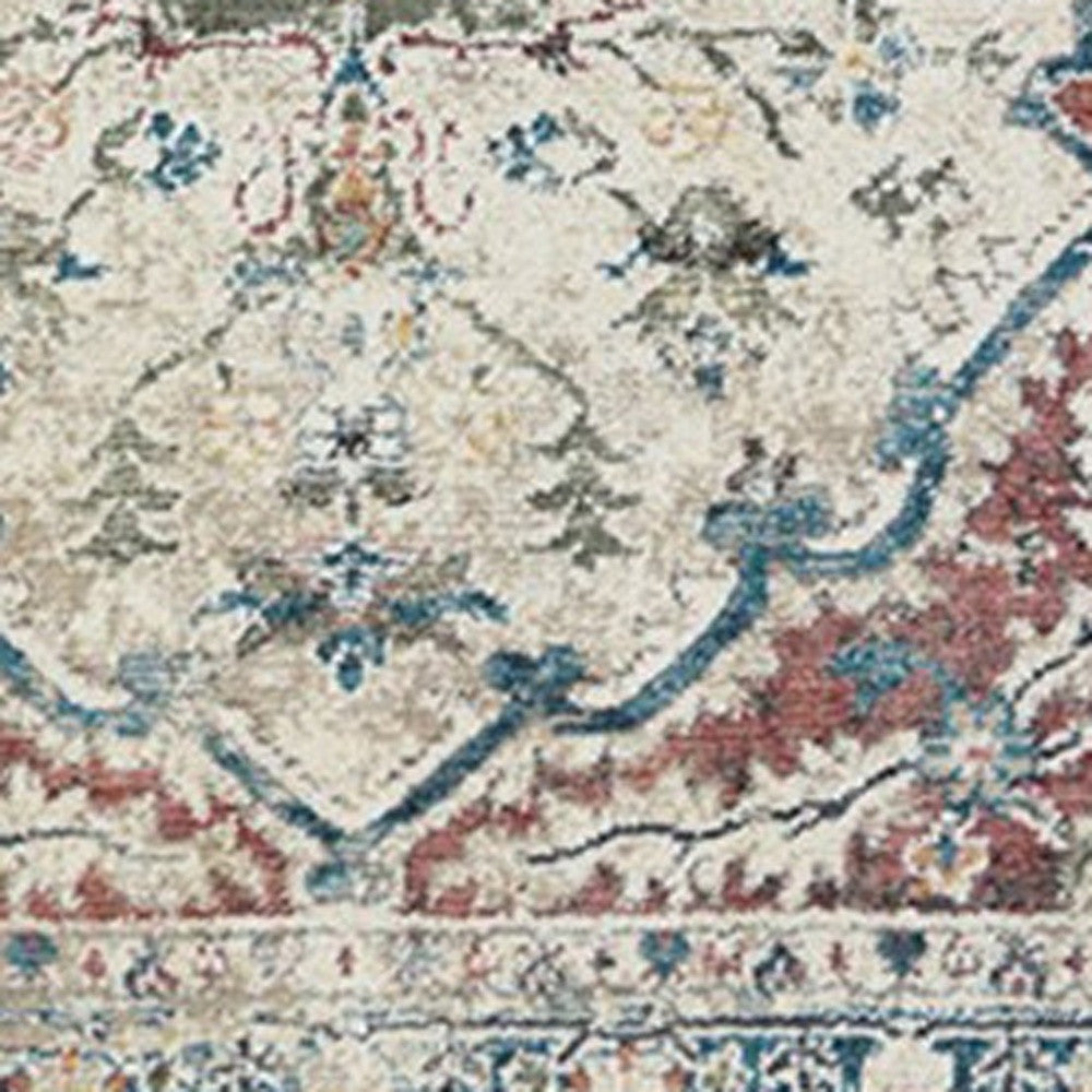 5' x 8' Ivory Blue and Gray Oriental Distressed Area Rug With Fringe