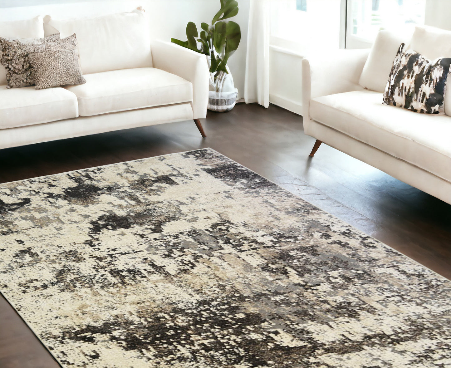 8' x 10' Black Abstract Distressed Area Rug With Fringe