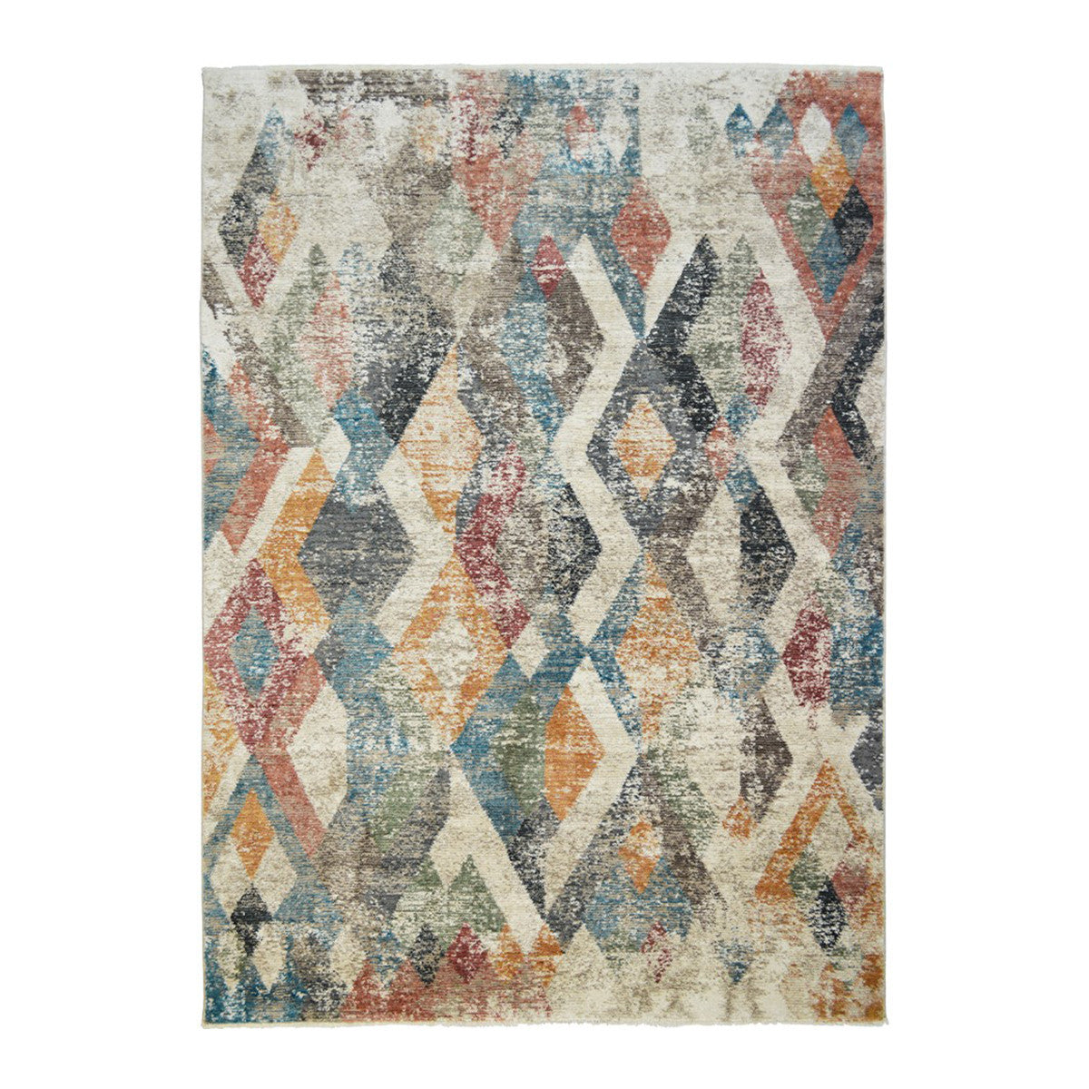 5' x 8' Beige Blue and Gray Geometric Distressed Area Rug With Fringe