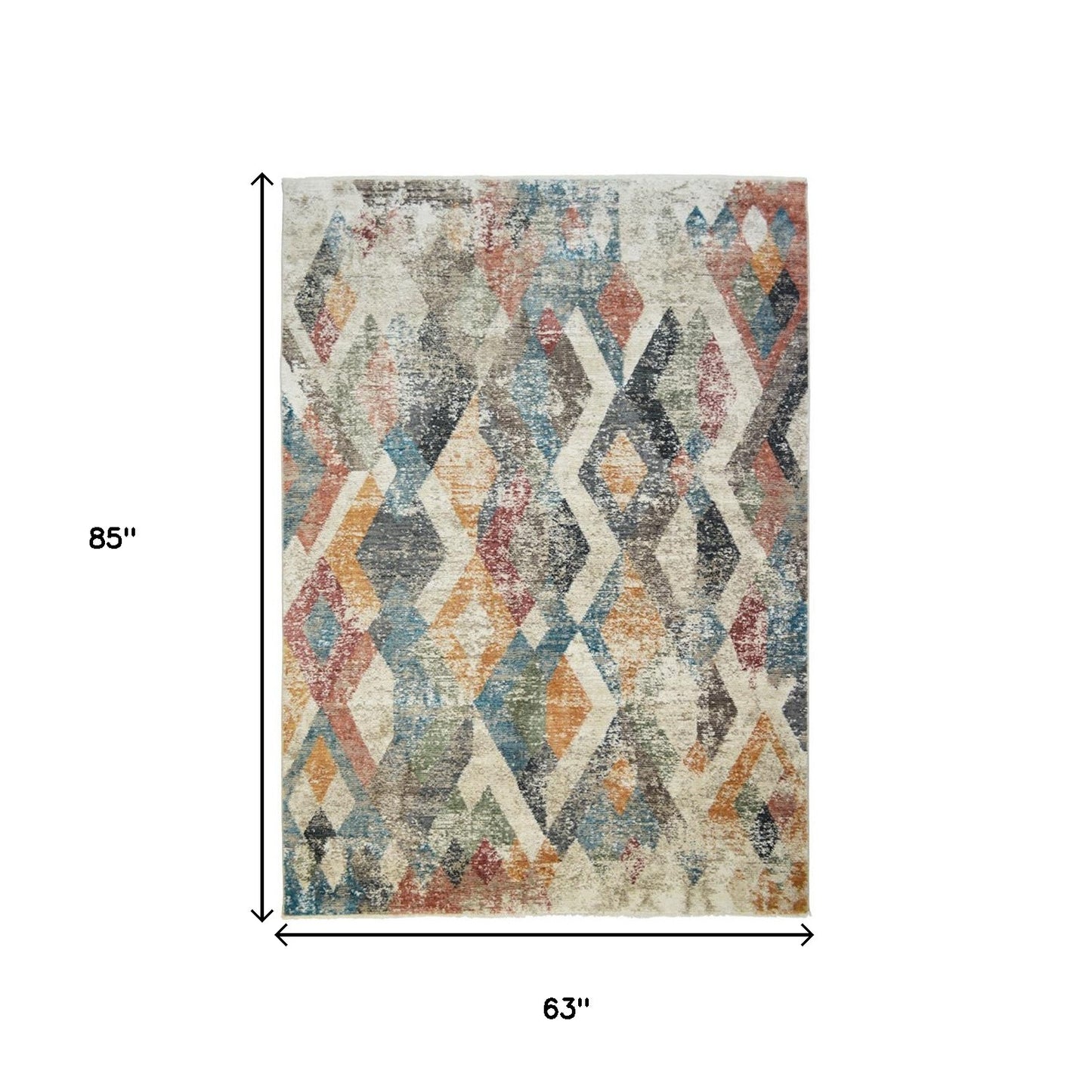 5' x 8' Beige Blue and Gray Geometric Distressed Area Rug With Fringe