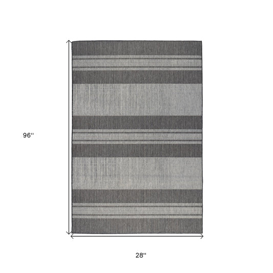 8' Runner Blue and Gray Striped Stain Resistant Indoor Outdoor Runner Rug