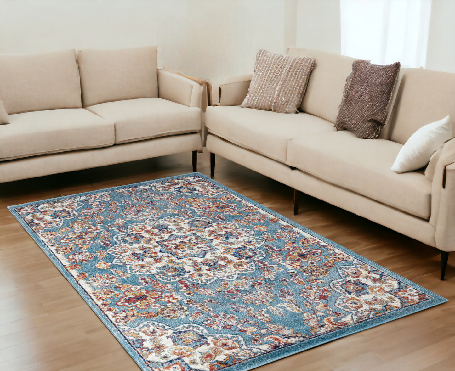5' x 8' Blue and Orange Medallion Power Loom Area Rug