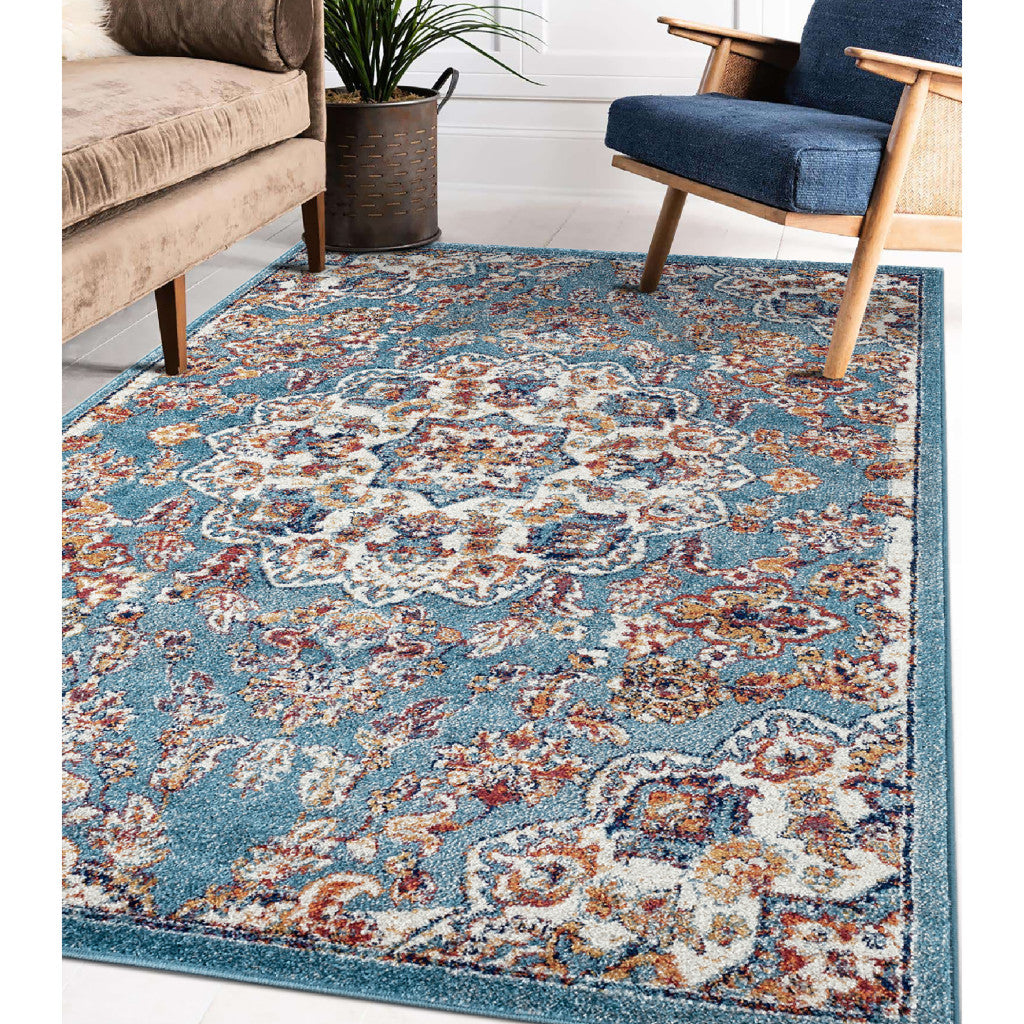 5' x 8' Blue and Orange Medallion Power Loom Area Rug