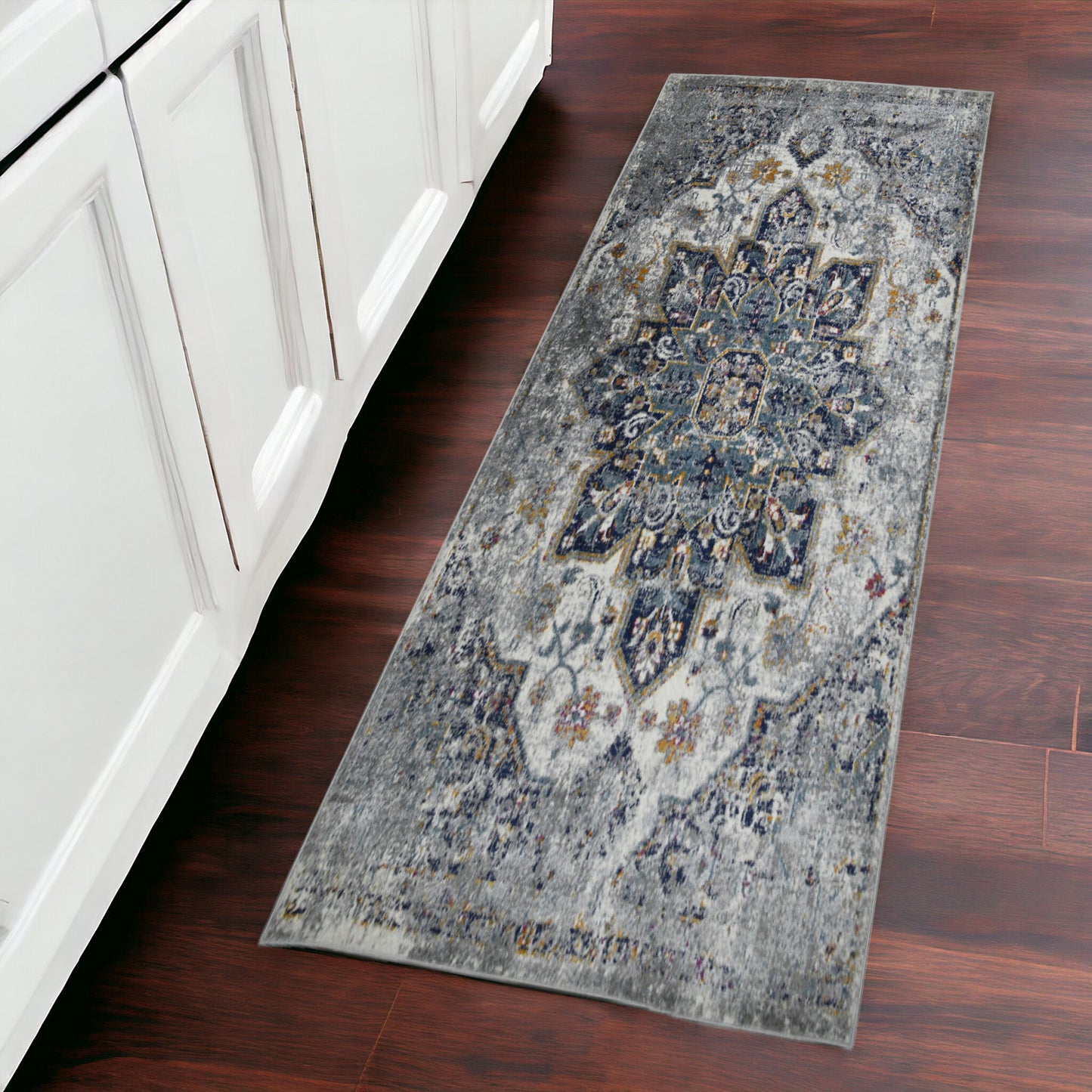 8' Gray Medallion Power Loom Runner Rug