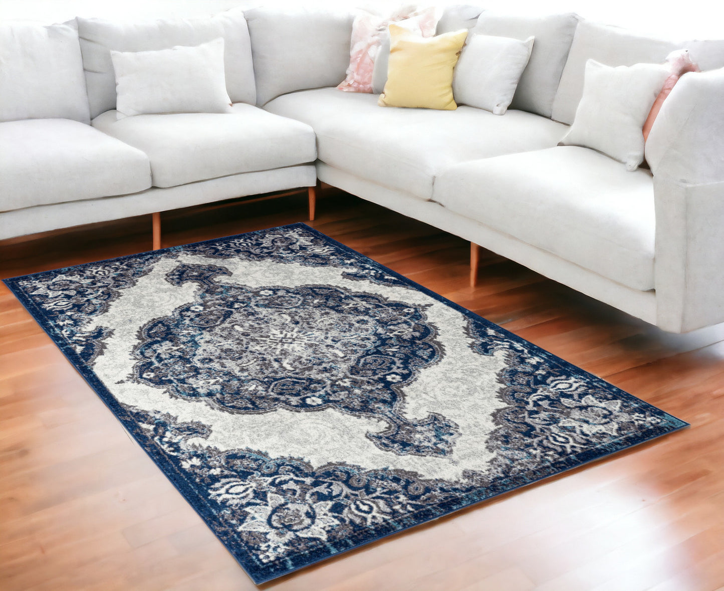 5' x 7' Blue and Gray Medallion Power Loom Area Rug