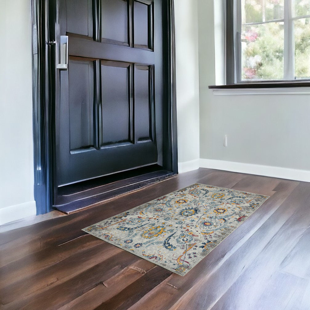 3' X 5' Orange and Ivory Floral Power Loom Area Rug