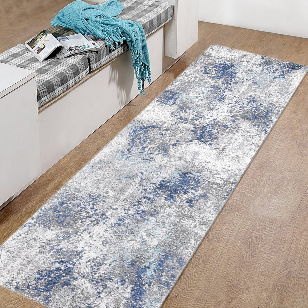 8' Gray and Blue Abstract Power Loom Runner Rug