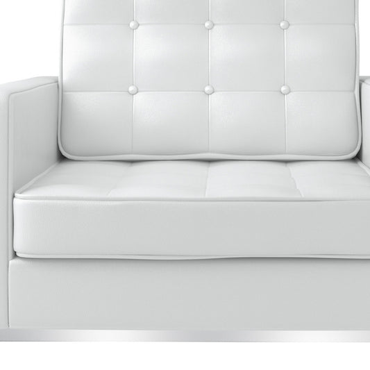 31" White And Silver Italian Leather Tufted Arm Chair