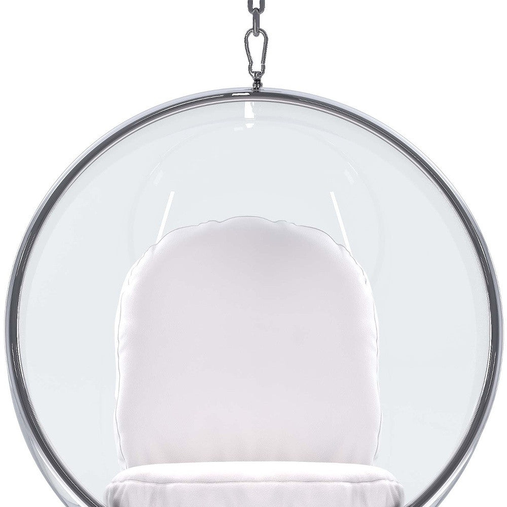 42" White and Silver Acrylic and Faux Leather Hanging Balloon Chair