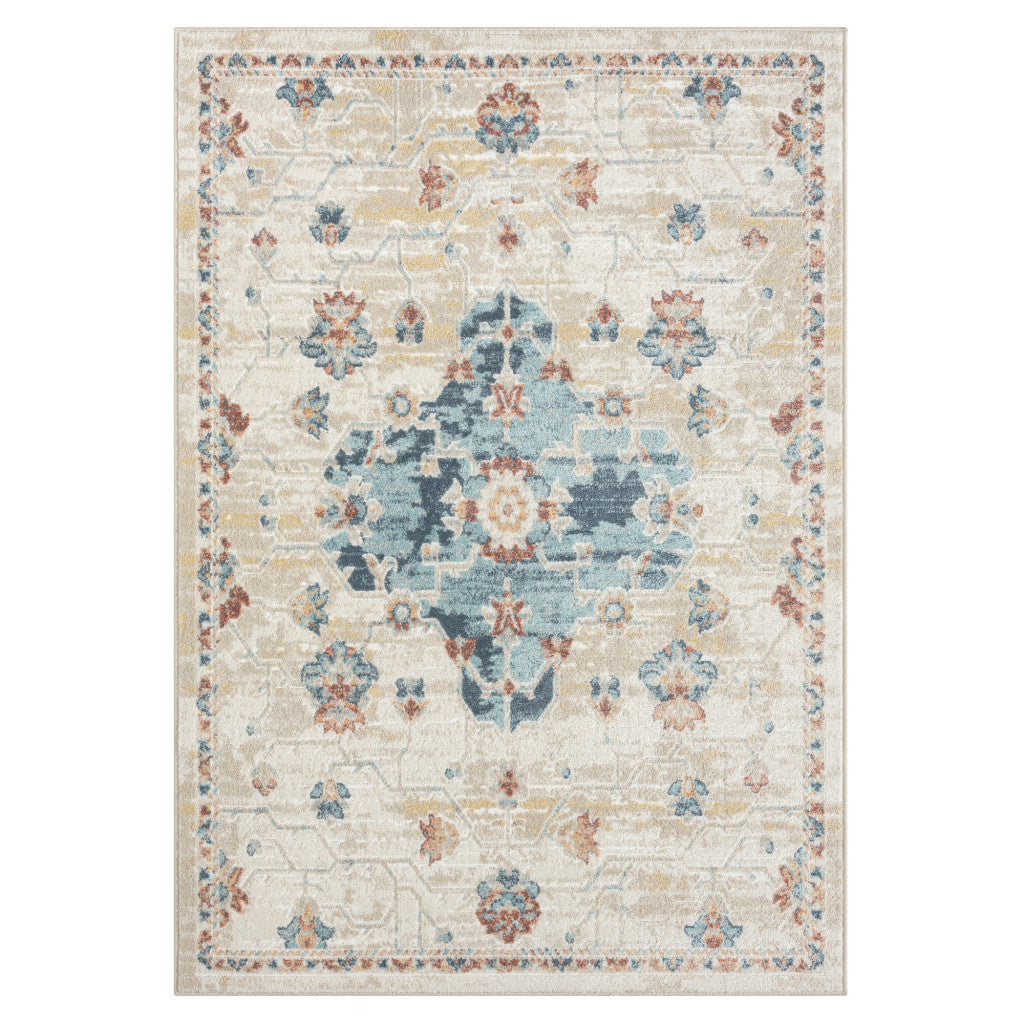 4' x 6' Ivory and Blue Medallion Power Loom Area Rug