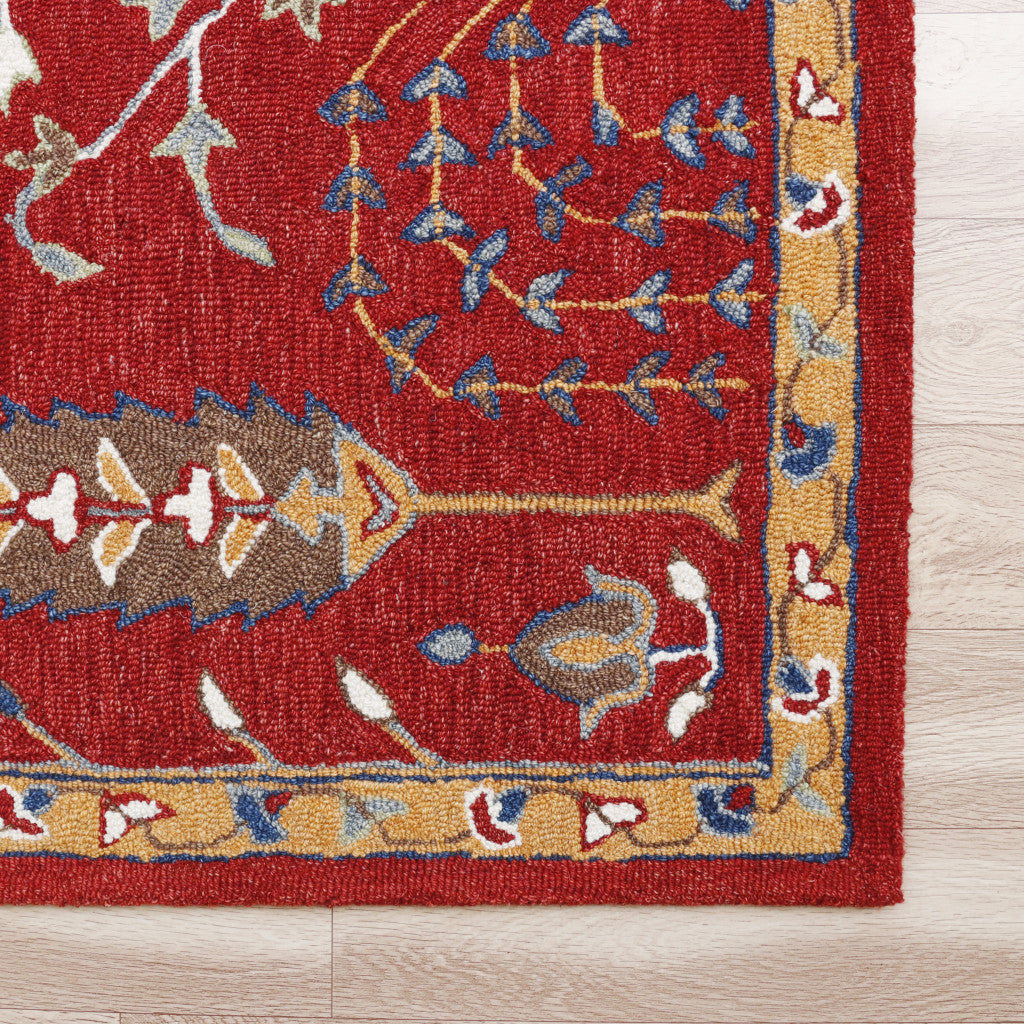 5' x 8' Red and Ivory Wool Floral Hand Tufted Area Rug