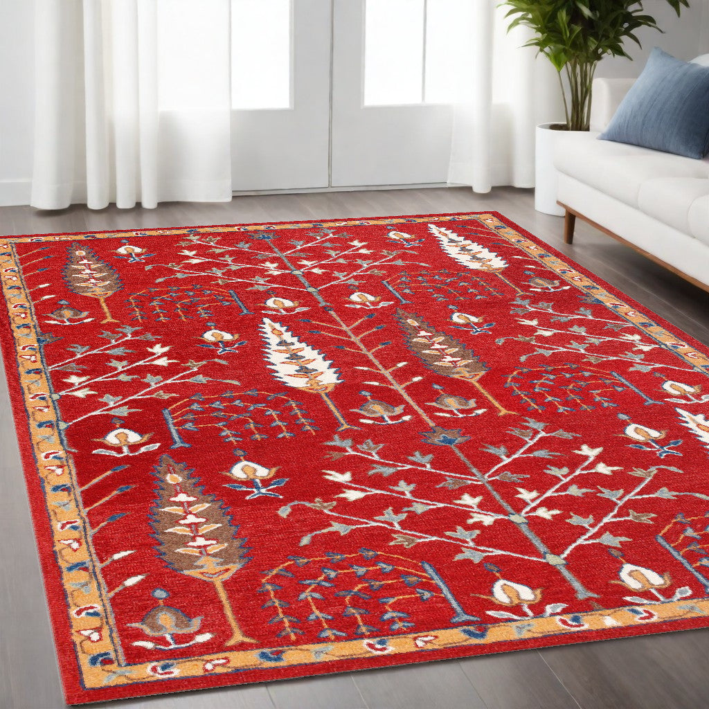 5' x 8' Red and Ivory Wool Floral Hand Tufted Area Rug