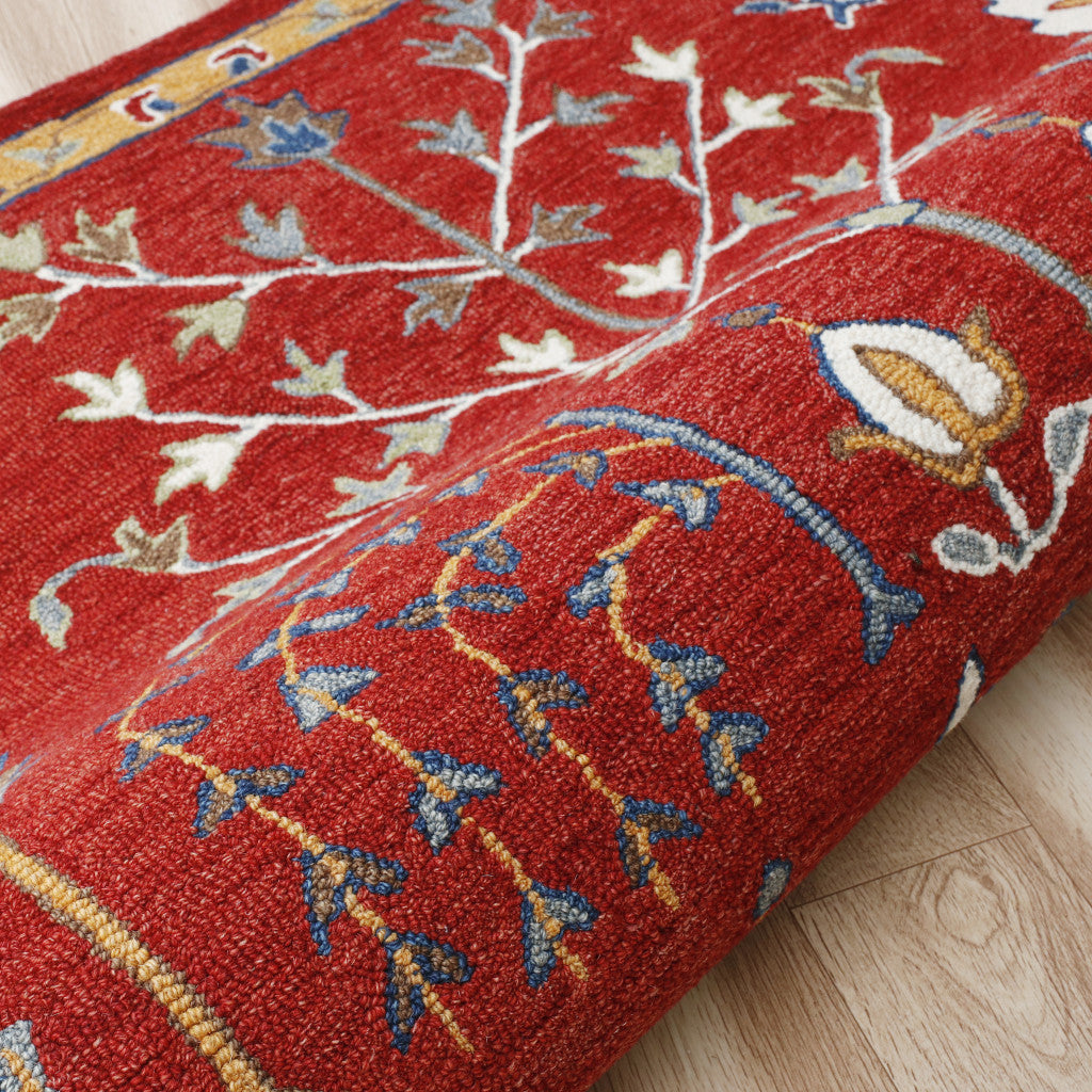 5' x 8' Red and Ivory Wool Floral Hand Tufted Area Rug