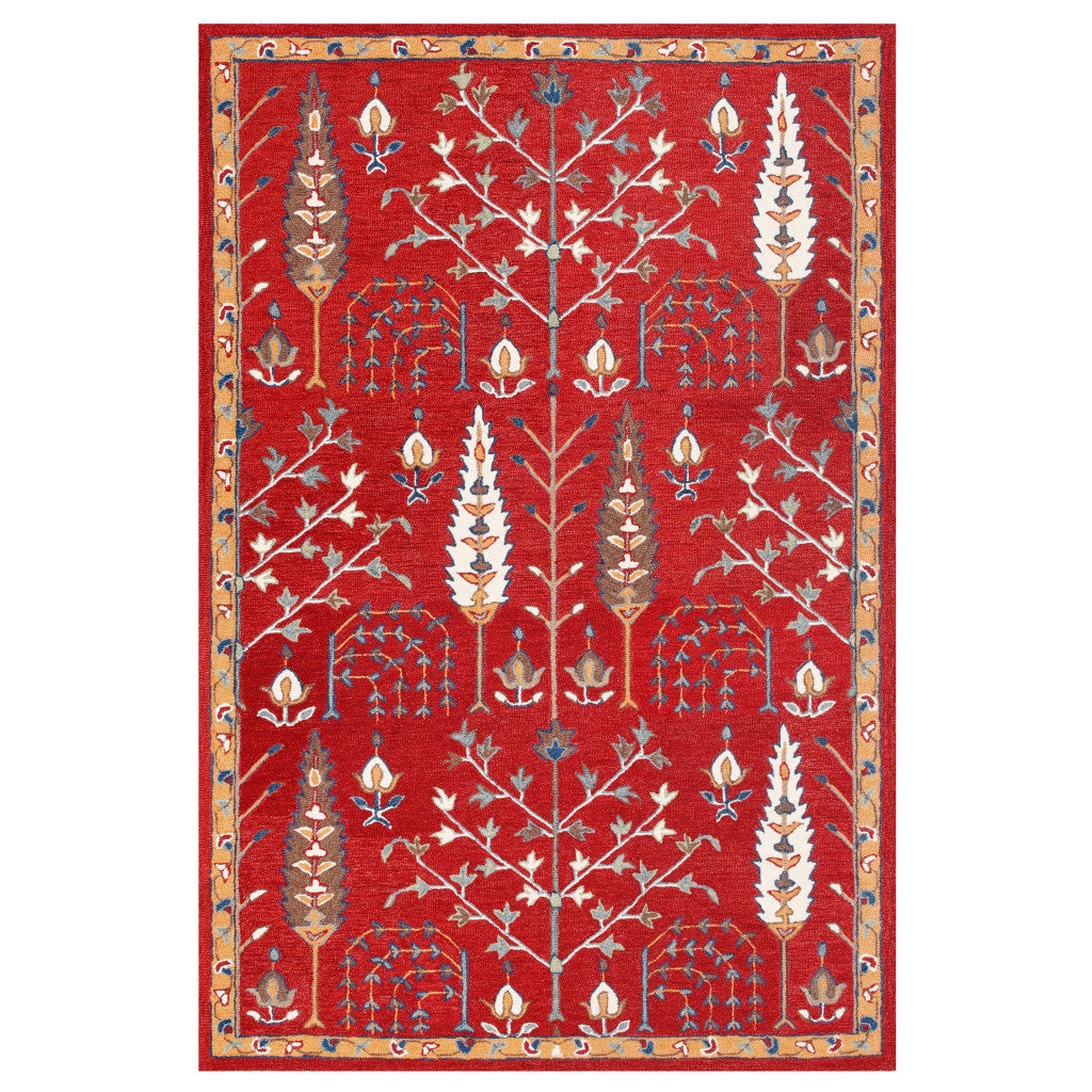 5' x 8' Red and Ivory Wool Floral Hand Tufted Area Rug