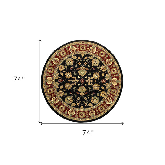 6' Black and Red Round Floral Area Rug