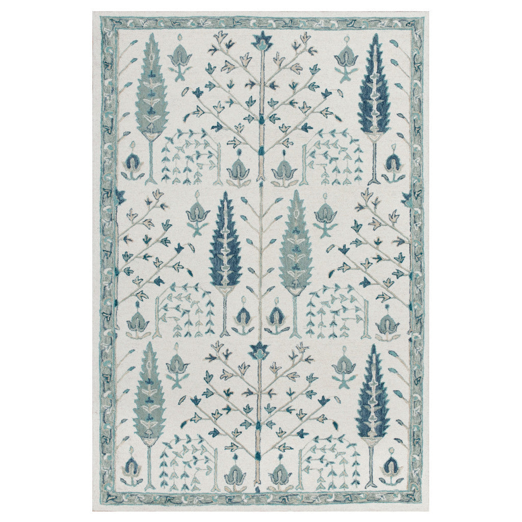 5' x 8' Ivory and Blue Wool Floral Hand Tufted Area Rug