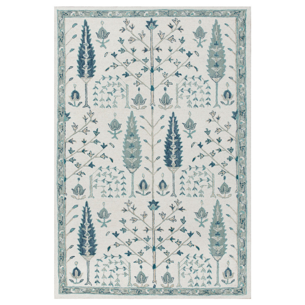 5' x 8' Ivory and Blue Wool Floral Hand Tufted Area Rug