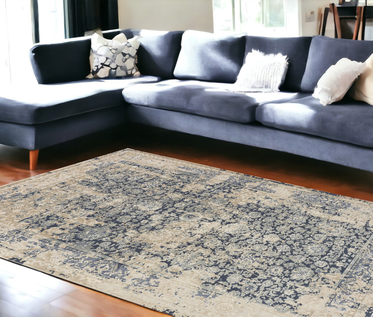 8' x 10' Blue and Ivory Floral Area Rug