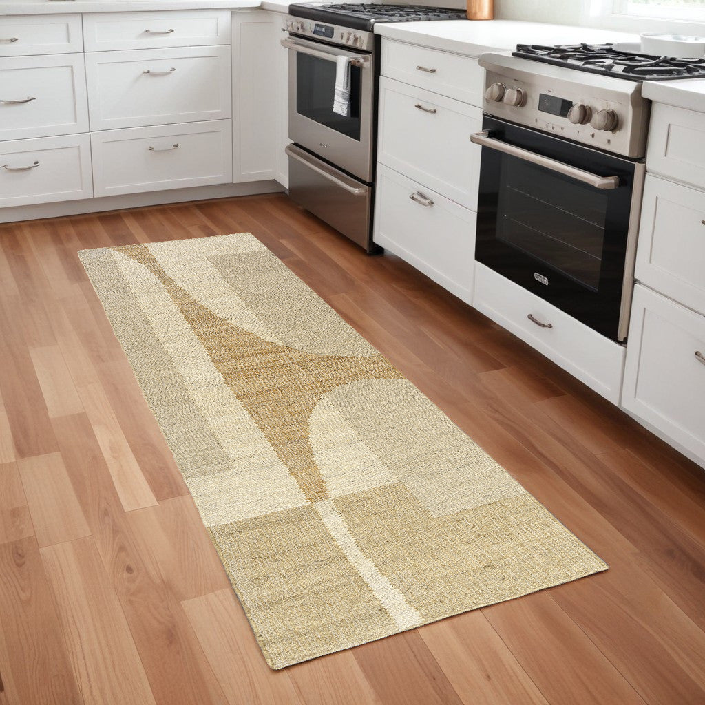 8' Runner Natural and Ivory Abstract Hand Woven Area Rug