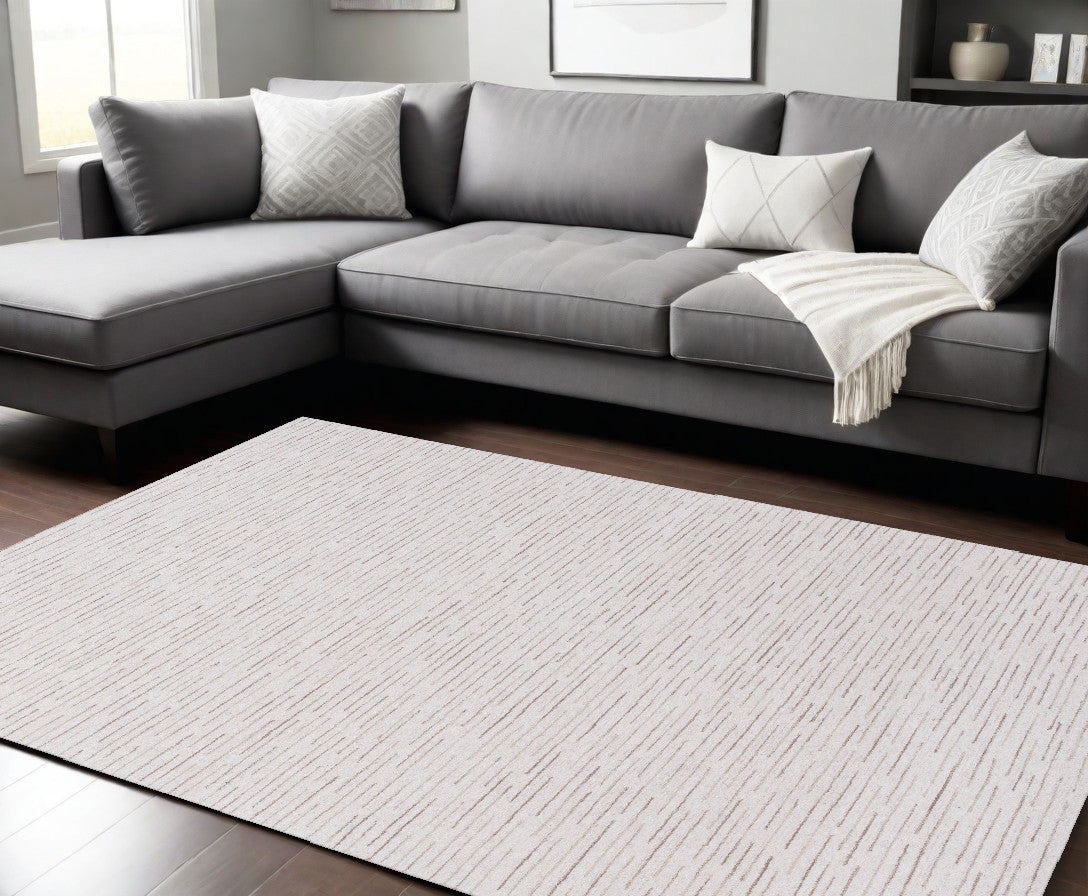 8' x 10' Beige and Ivory Wool Striped Hand Tufted Area Rug