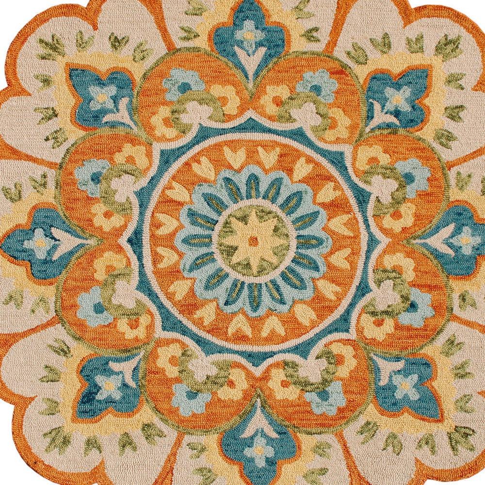 6' Orange and Blue Round Wool Floral Hand Tufted Area Rug