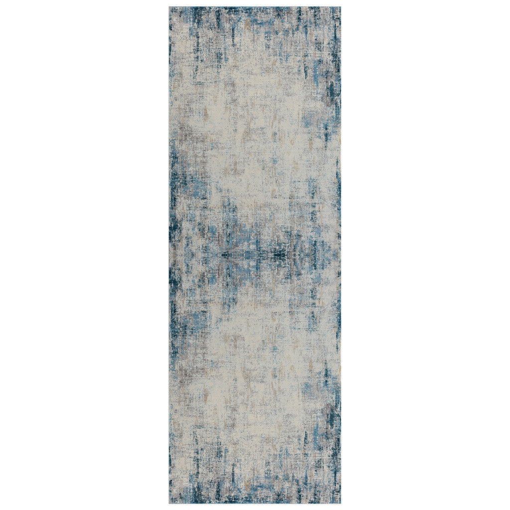 6' Runner Blue and Ivory Abstract Runner Rug