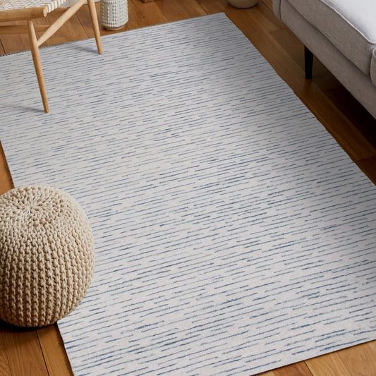 8' x 10' Ivory and Blue Wool Striped Hand Tufted Area Rug
