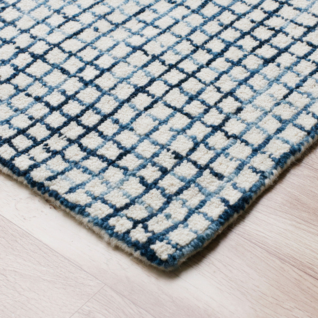 10' x 14' Blue and Ivory Wool Checkered Hand Hooked Area Rug