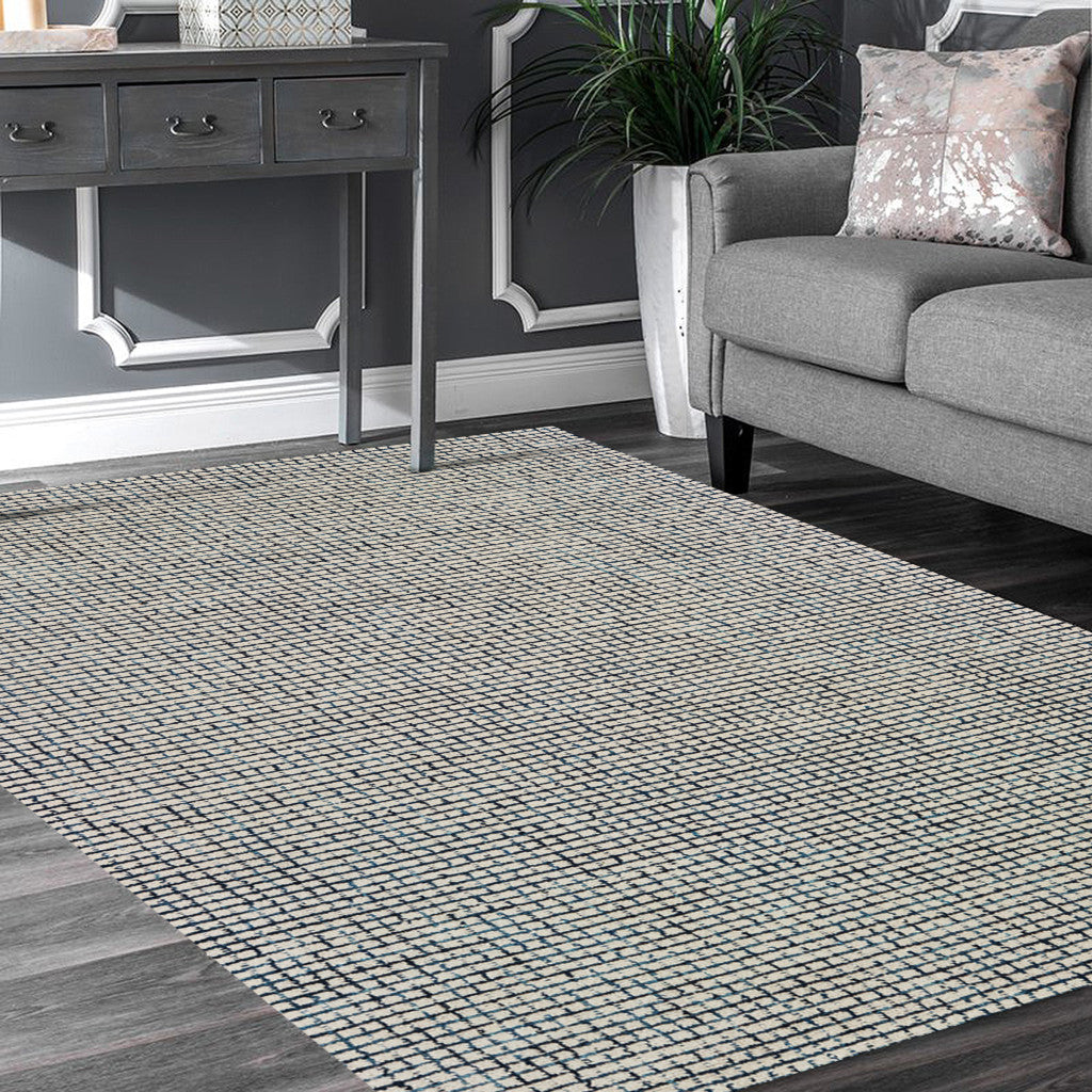 10' x 14' Blue and Ivory Wool Checkered Hand Hooked Area Rug