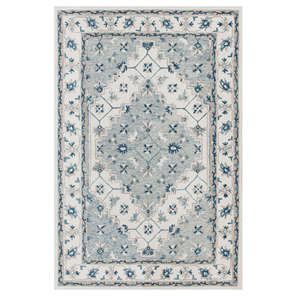 8' x 10' Blue and Ivory Wool Floral Hand Tufted Area Rug