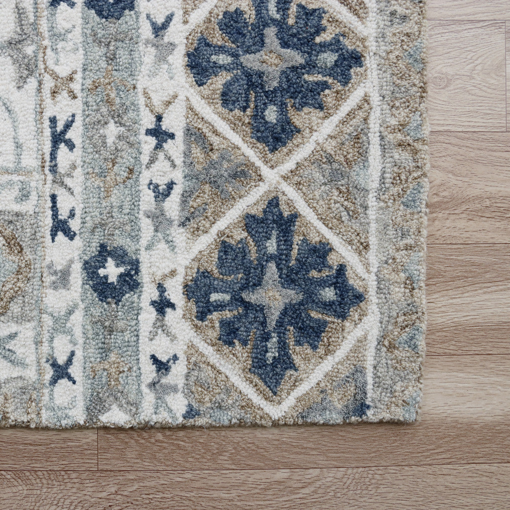 8' x 10' Blue and Ivory Wool Floral Hand Tufted Area Rug