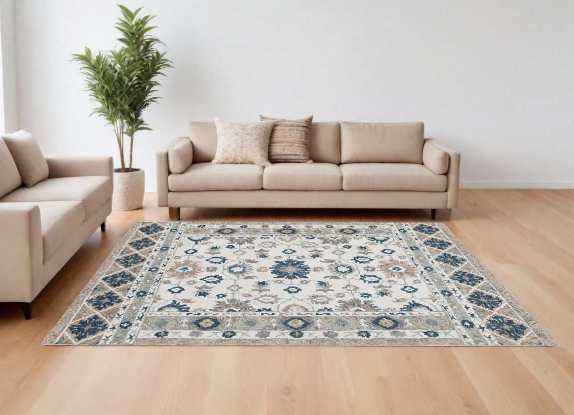 8' x 10' Blue and Ivory Wool Floral Hand Tufted Area Rug