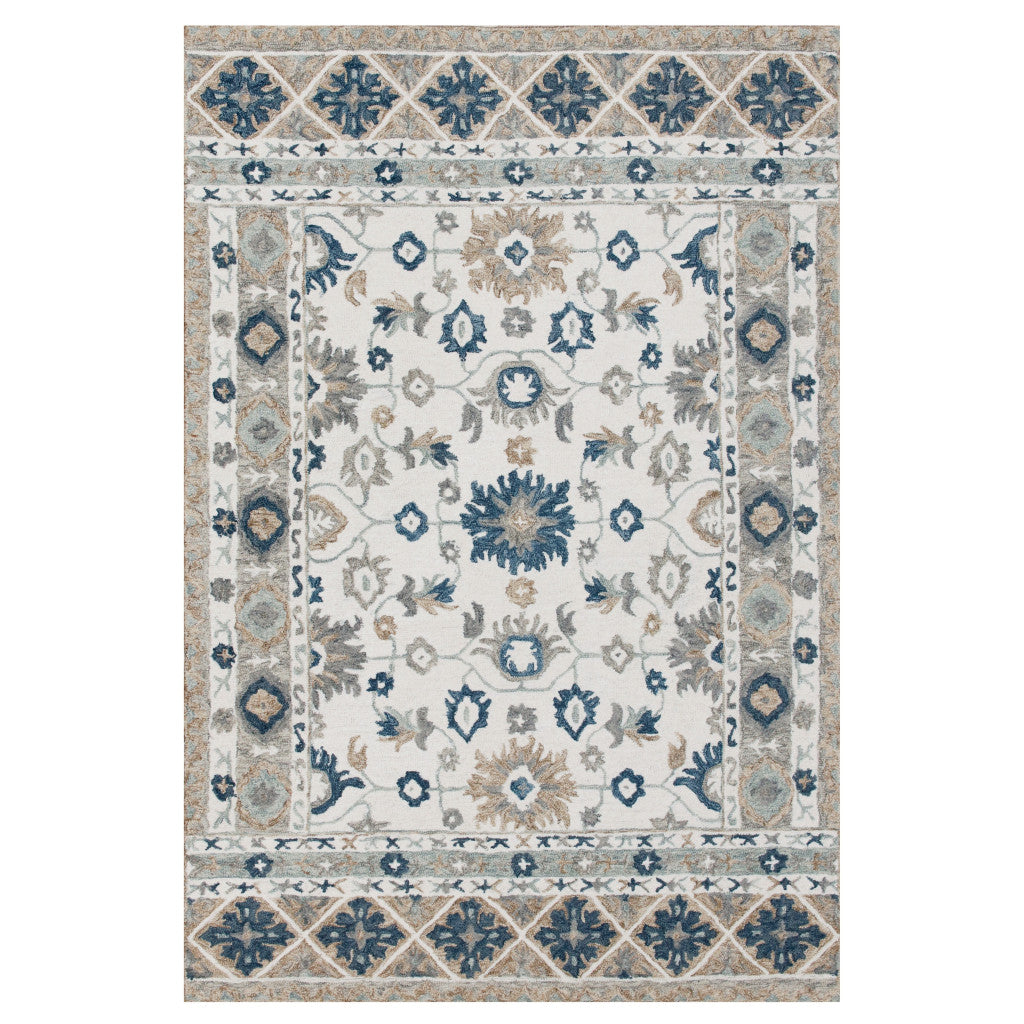 8' x 10' Blue and Ivory Wool Floral Hand Tufted Area Rug