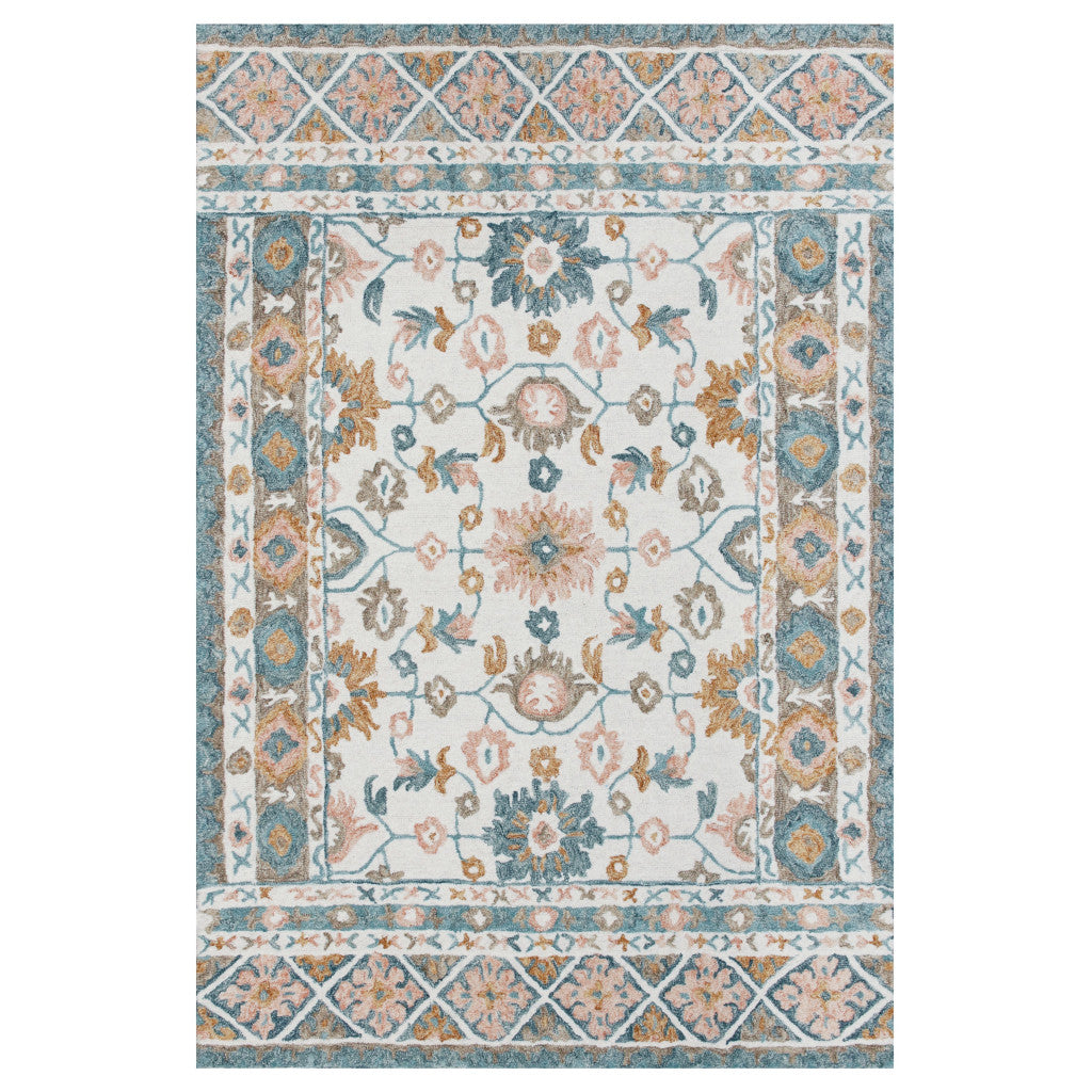 5' x 8' Blue and Ivory Wool Floral Hand Tufted Area Rug