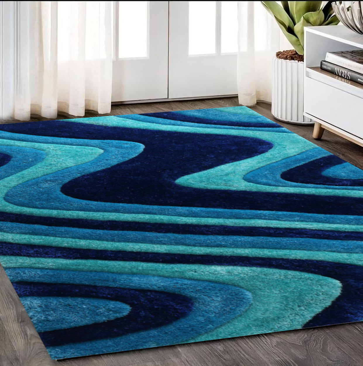 5' x 7' Blue Wavy Shag Hand Tufted Area Rug