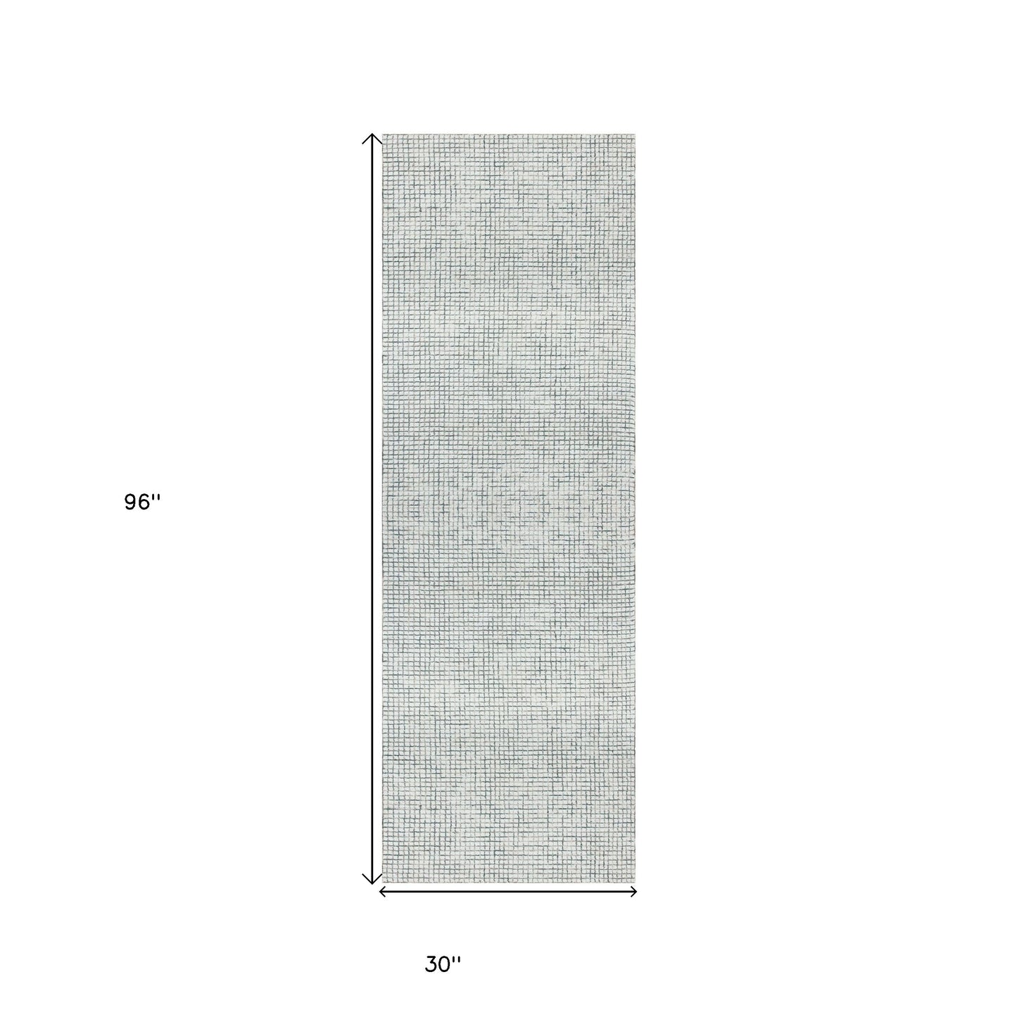 8' Runner Gray and Ivory Wool Checkered Hand Hooked Runner Rug