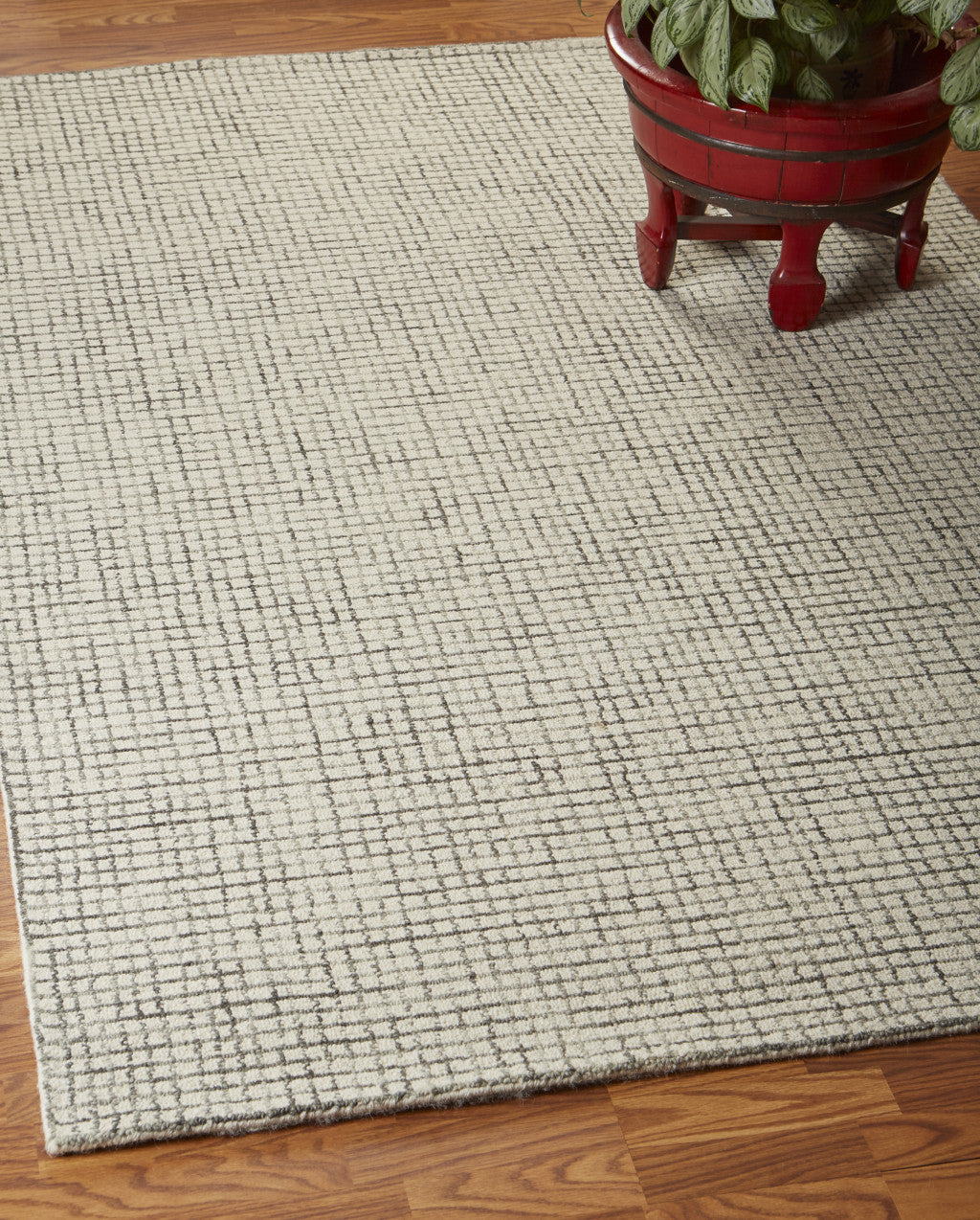 8' Runner Gray and Ivory Wool Checkered Hand Hooked Runner Rug