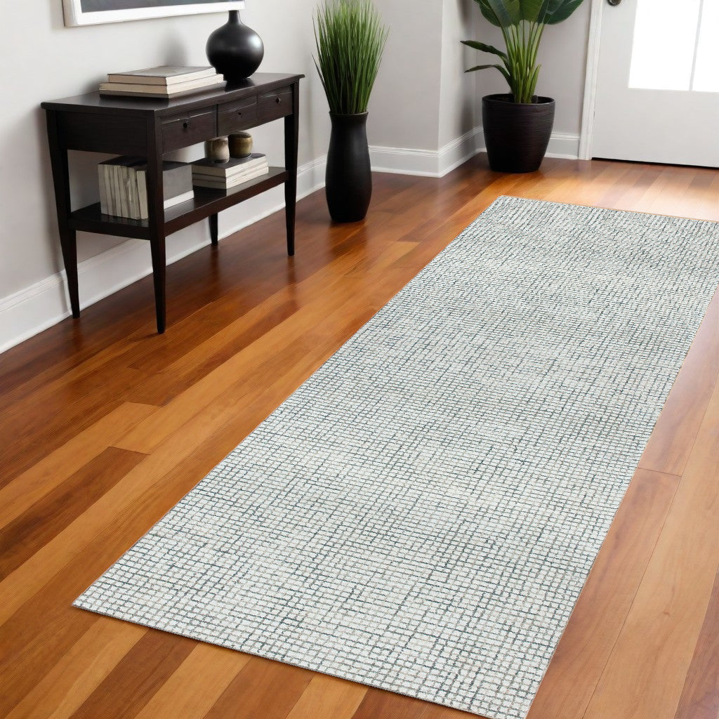 8' Runner Gray and Ivory Wool Checkered Hand Hooked Runner Rug