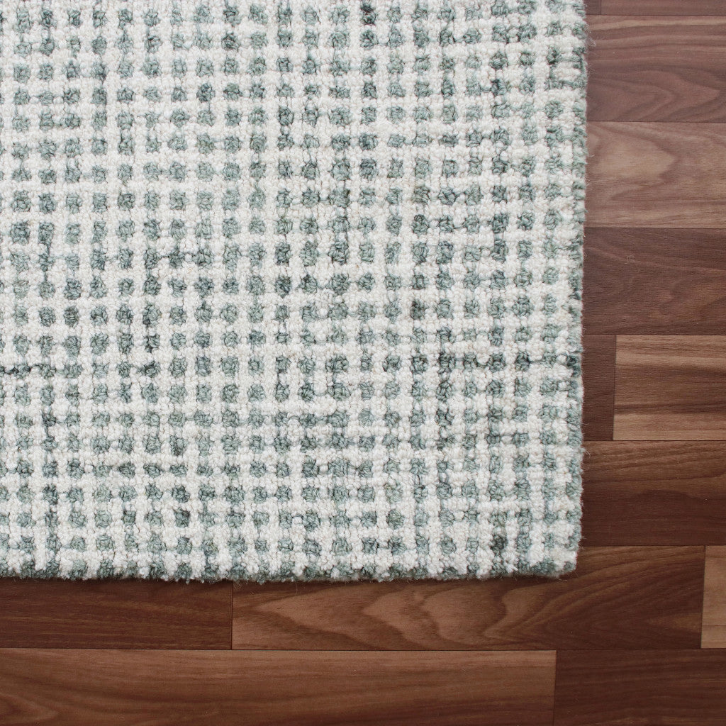 8' Runner Green and Ivory Wool Checkered Hand Tufted Runner Rug