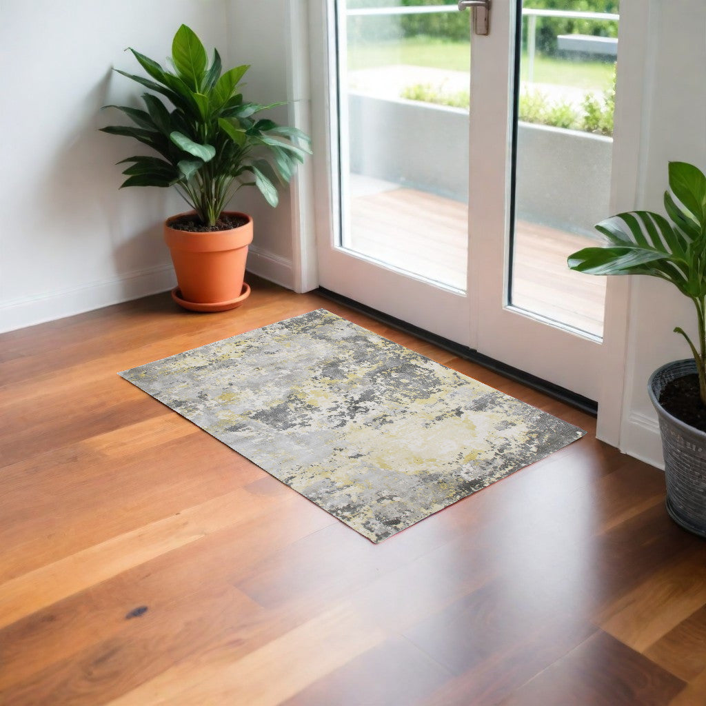 2' x 3' Gray and Yellow Abstract Hand Loomed Area Rug