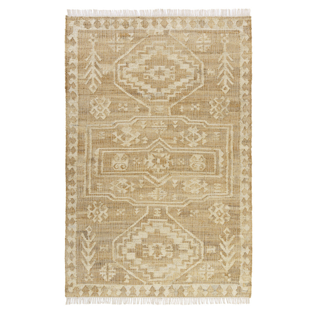 10' x 14' Natural and Ivory Medallion Hand Woven Area Rug