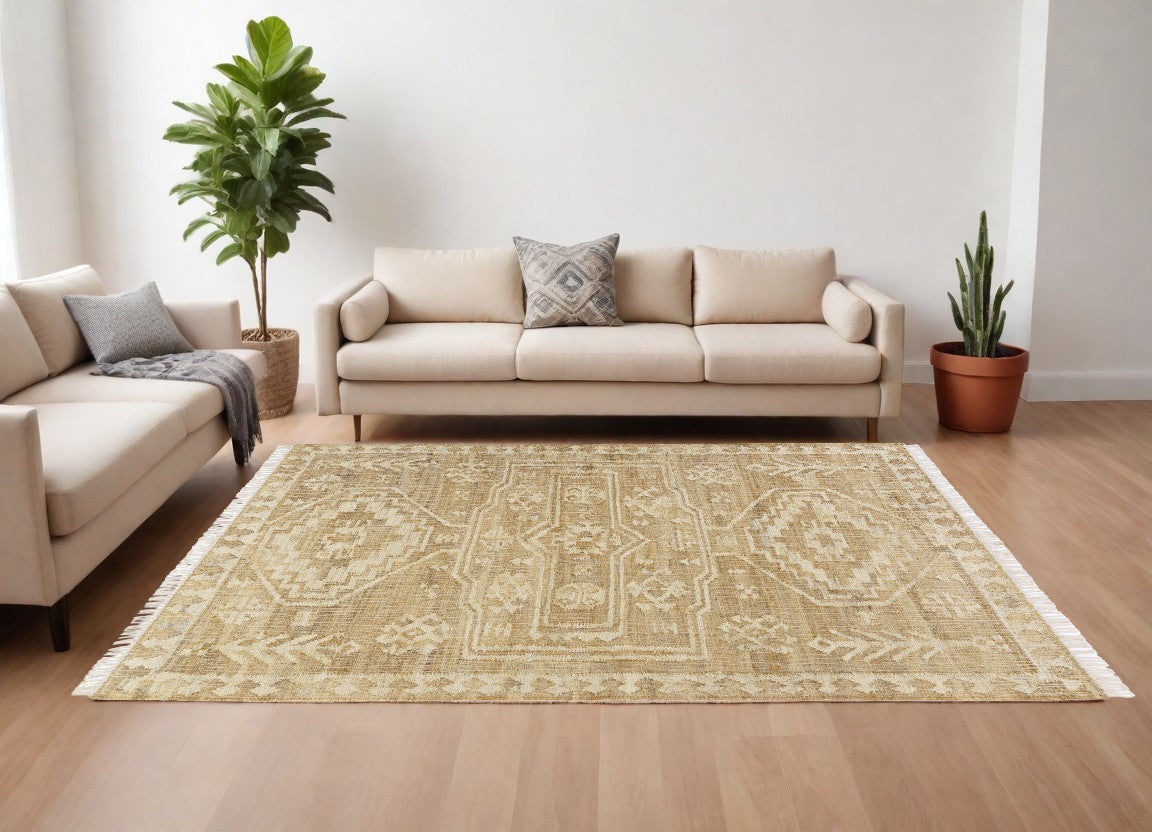 10' x 14' Natural and Ivory Medallion Hand Woven Area Rug