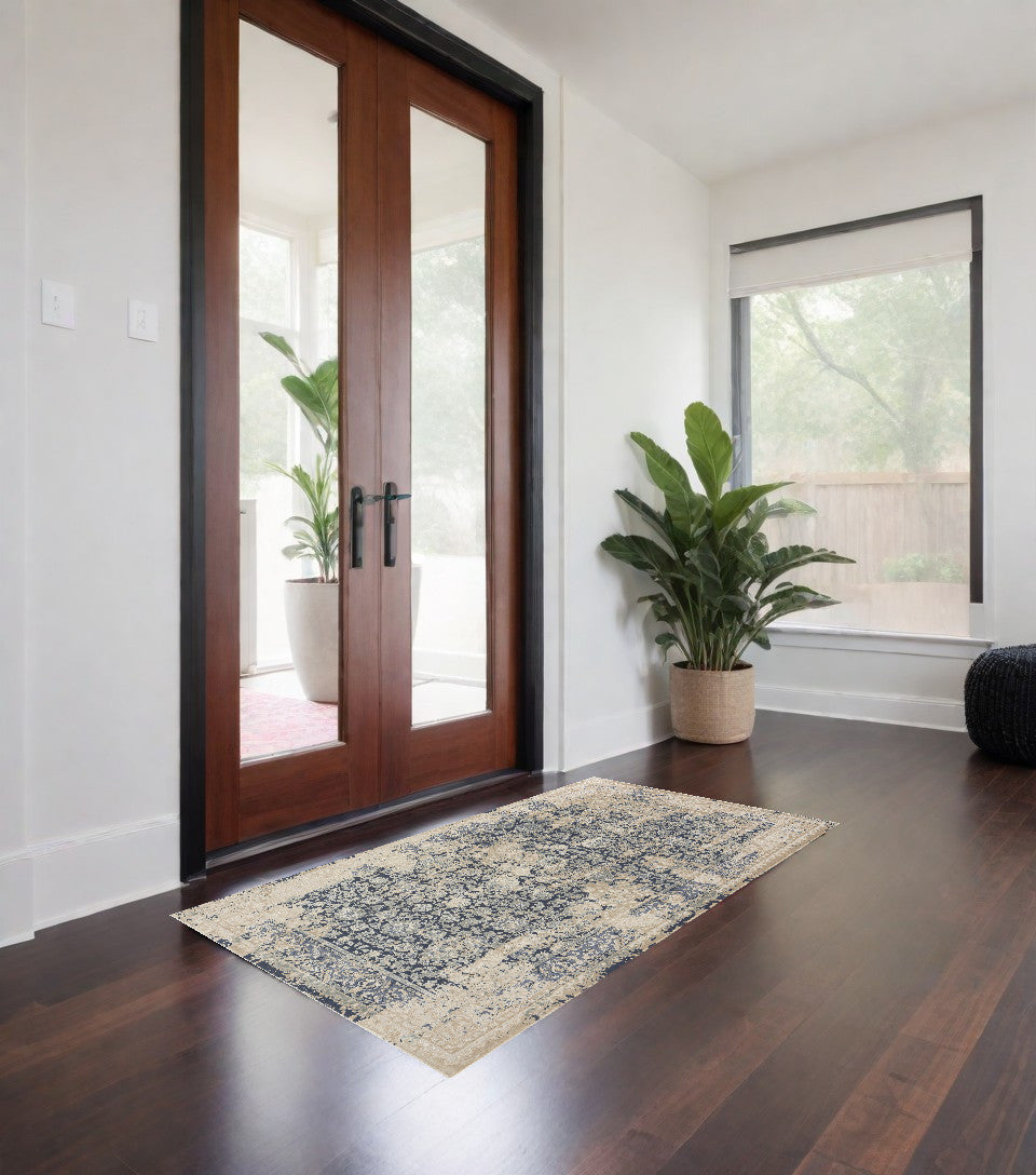 2' x 3' Blue and Ivory Floral Area Rug