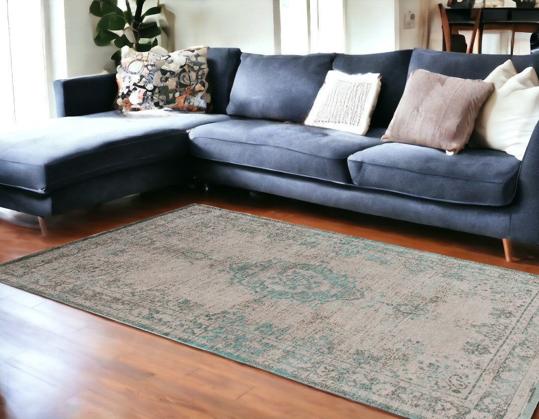 8' x 11' Gray and Green Medallion Non Skid Area Rug